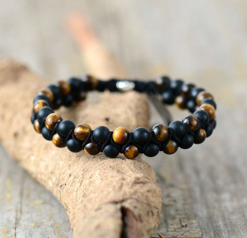 Bracelet homme en onyx mat œil de tigre et cordon noir