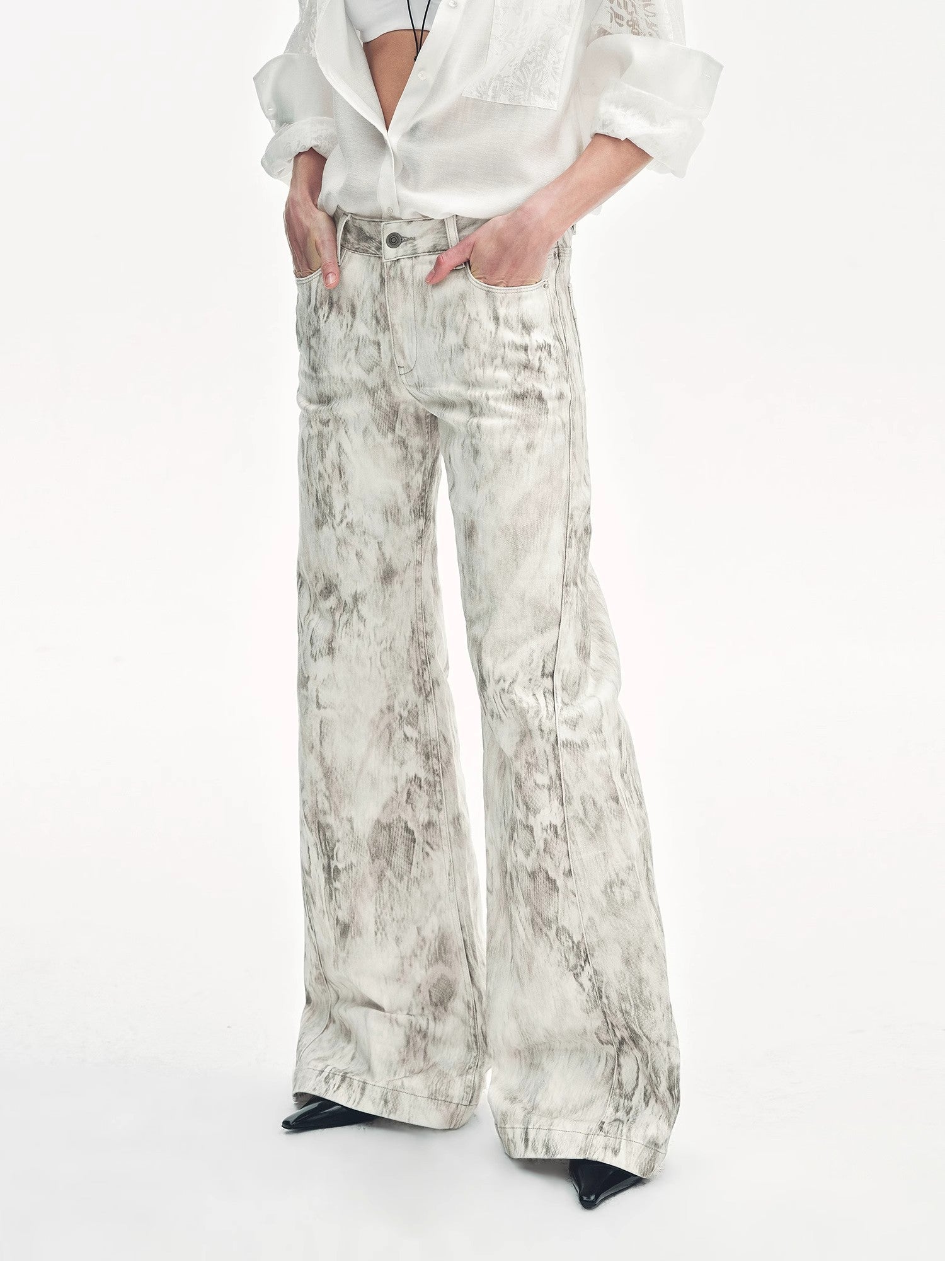 "Phantom" original snake print flared denim trousers