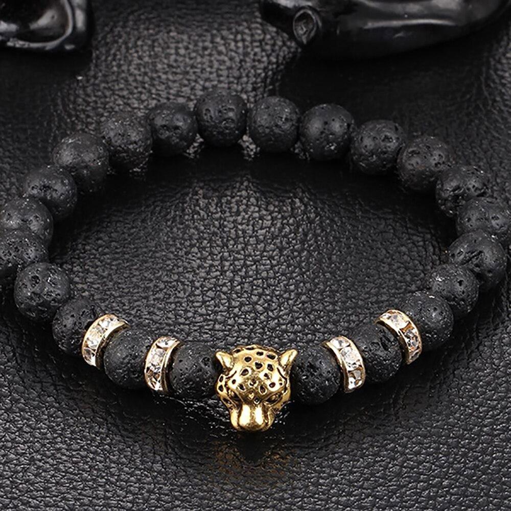 Bracelet pour homme en perles de pierre d'onyx doré, léopard et pierre de lave