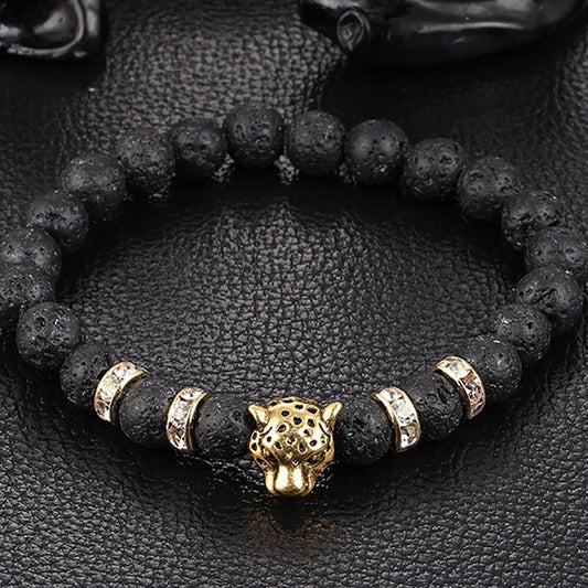 Bracelet pour homme en perles de pierre d'onyx doré, léopard et pierre de lave