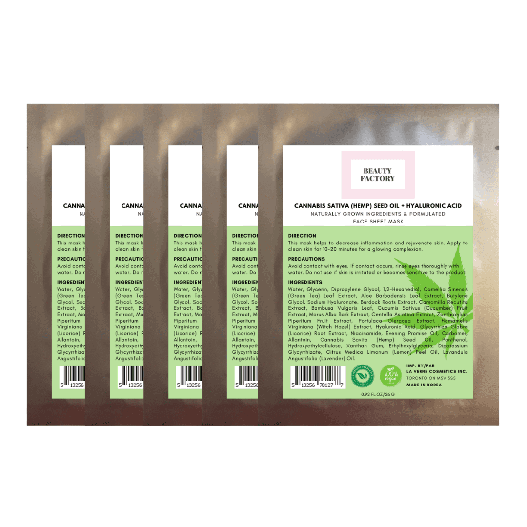 Organic Cannabis Sativa Hemp Seed Oil + Hyaluronic Acid Face Mask (5 Pack) - Premium Self-Care